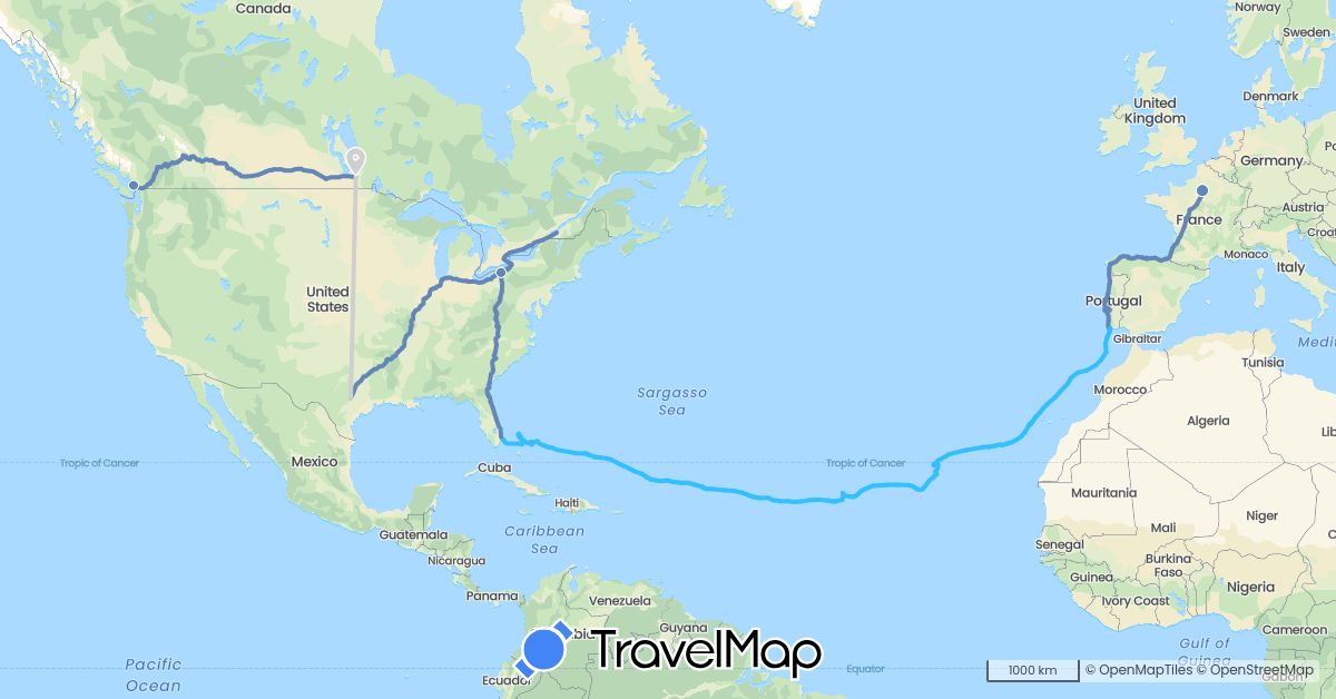 TravelMap itinerary: driving, cycling, boat, luftlinie in Bahamas, Canada, Spain, France, Portugal, United States (Europe, North America)